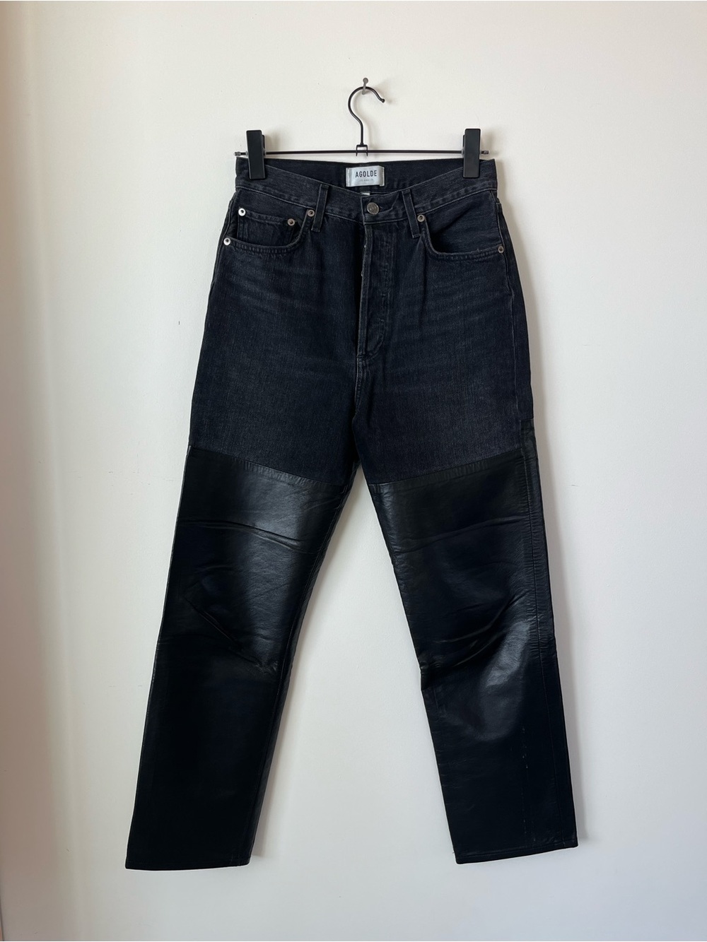Agolde Black Two-Tone Leather Panel Straight Jeans